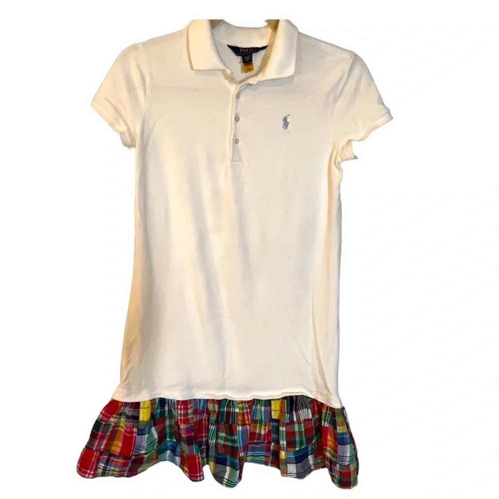Ralph Lauren White Polo Dress with Colorful Plaid Ruffle - Kids